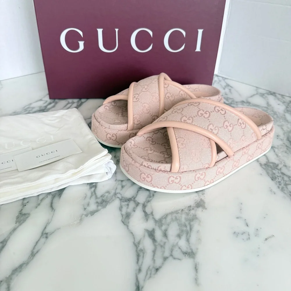 Gucci GG Canvas Platform Slide Sandals Pink Crisscross 816798 FAD9D 6845 Size 39